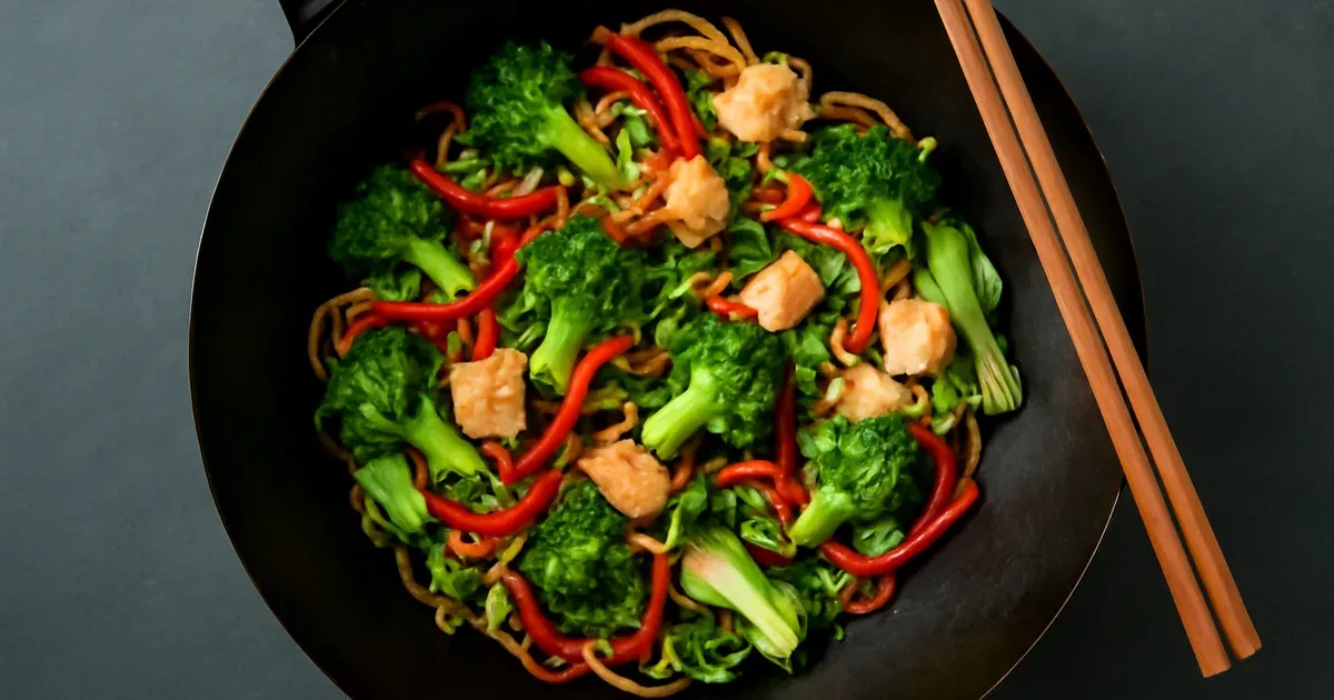 Colourful vegetable stir-fry with tofu and wholewheat noodles to improve gut health naturally in the UK