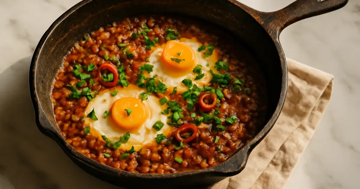 Spanish-style lentils with baked eggs, a high-fibre anti-inflammatory meal supporting NHS gut health guidelines