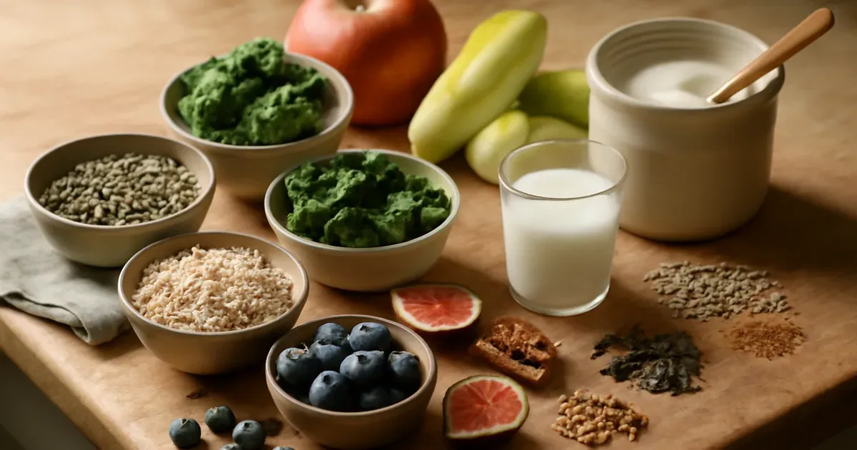 Diverse plant foods supporting gut microbiome UK diversity including fibre-rich vegetables, legumes, and fermented foods