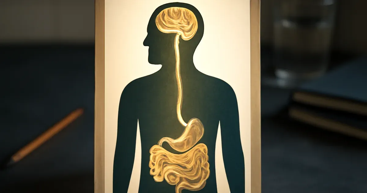 Illustration of the gut-brain connection showing the vagus nerve linking the brain and gut microbiome