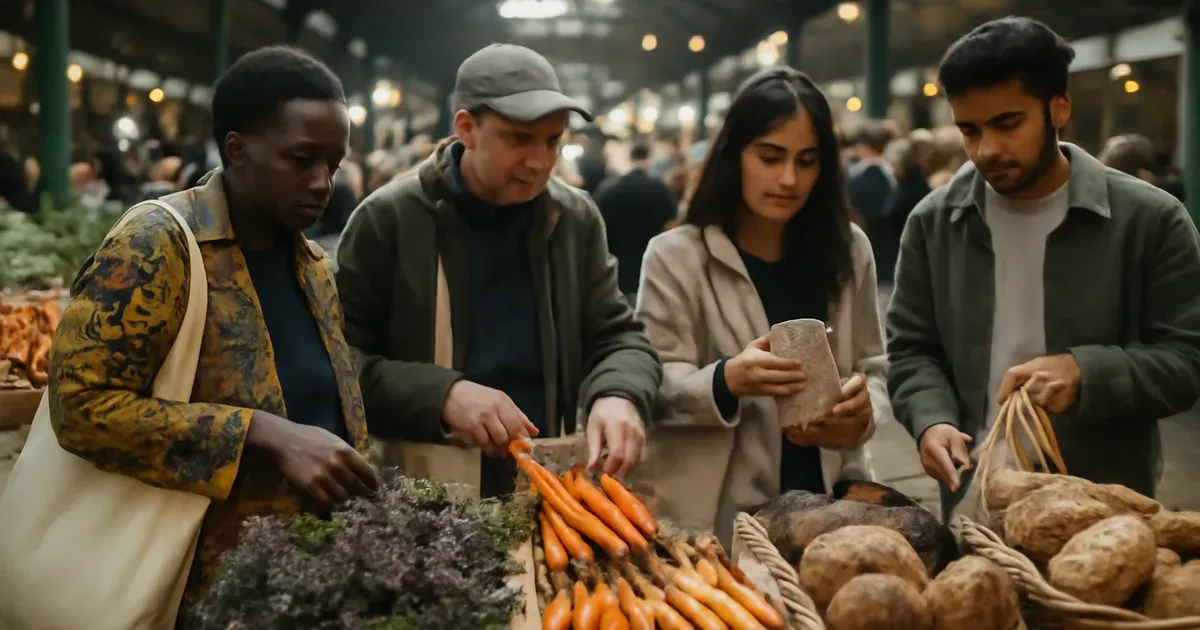 UK adults choosing diverse plant-based foods at a market to improve gut health naturally