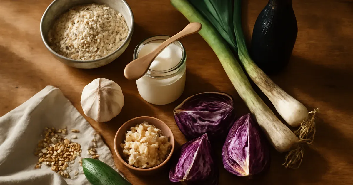 UK gut health foods including oats, kefir, garlic and colourful vegetables supporting microbiome diversity