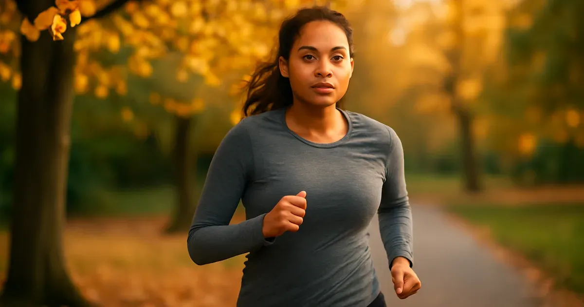 British woman jogging in a UK park representing how exercise improves gut health and the gut-brain connection