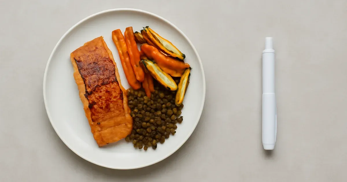 Side-by-side visual comparing natural GLP-1 diet approach with GLP-1 medication pen, gut health UK context
