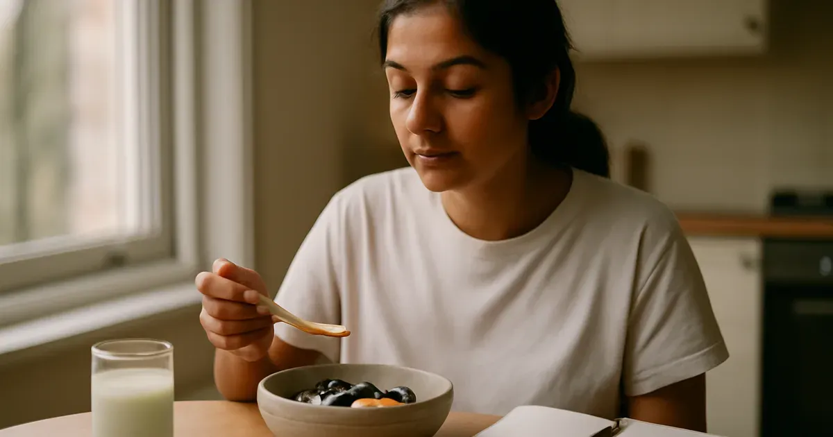 Woman eating a mindful gut-healthy breakfast of oats and kefir to support GLP-1 naturally in the UK