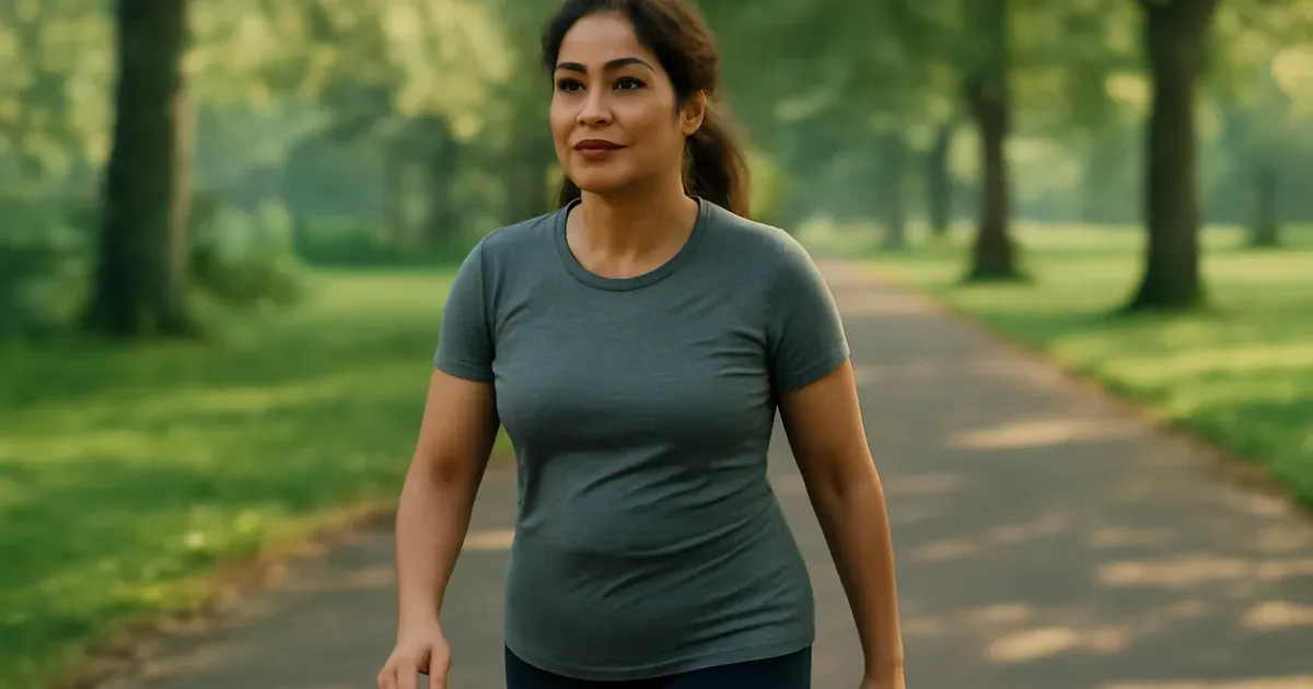 Woman walking in a UK park as part of a regular exercise routine to improve gut health naturally and boost GLP-1