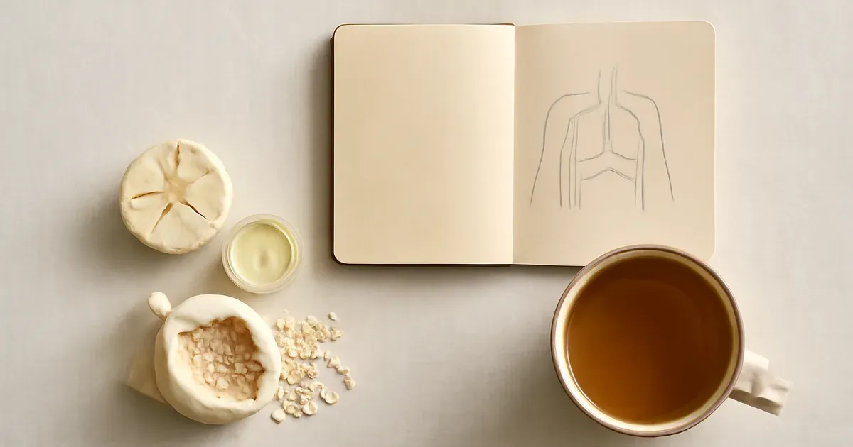 Flat-lay of breathwork journal, herbal tea and prebiotic foods representing a British gut health daily routine