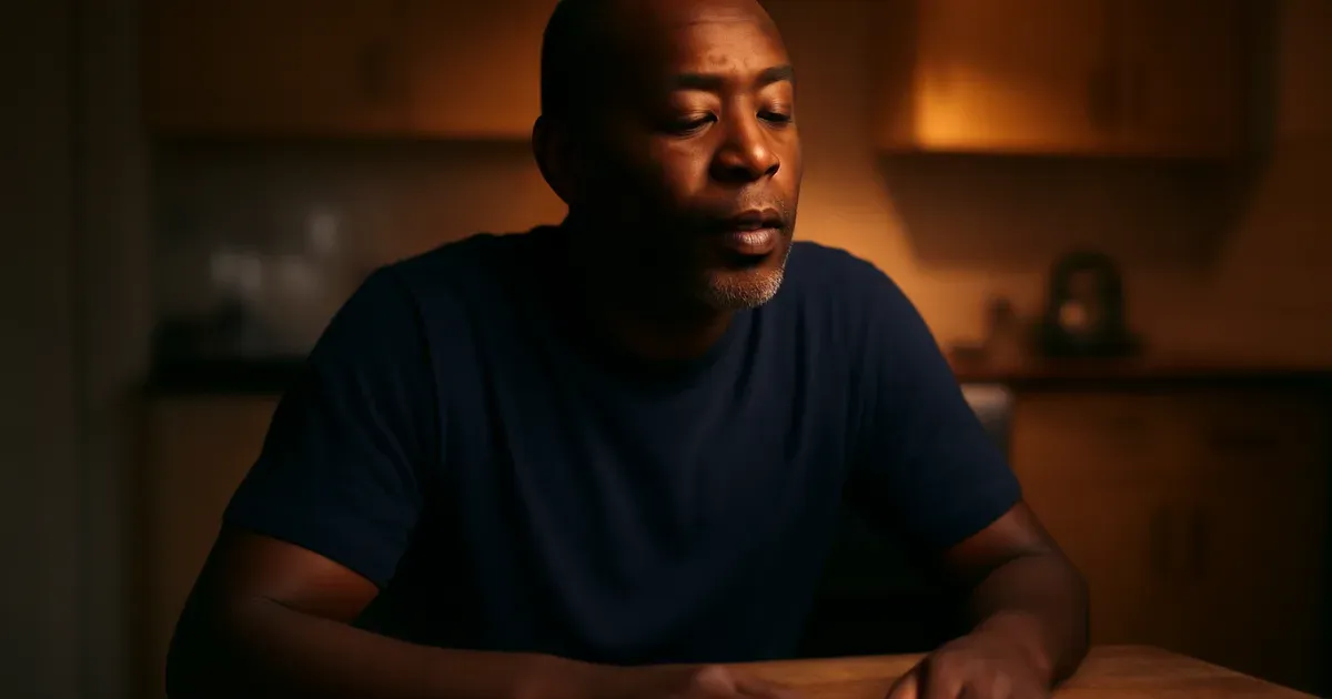 Man practising humming breath technique to stimulate the vagus nerve and support gut-brain connection in the evening