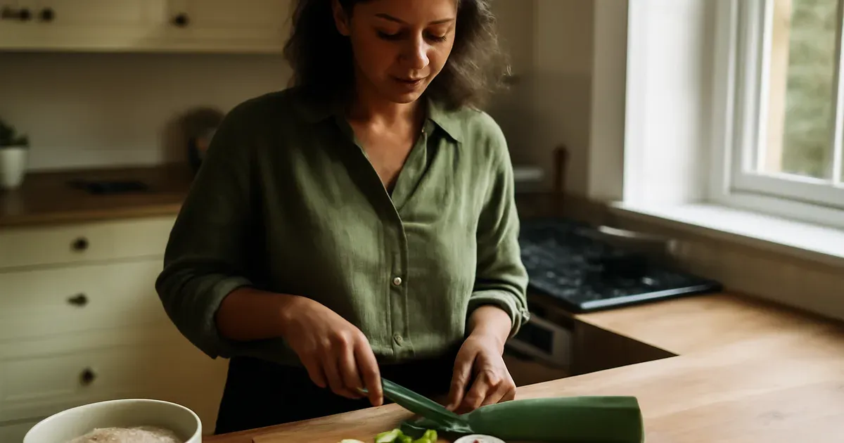 Woman preparing prebiotic-rich British foods including leeks and garlic to support gut microbiome UK health naturally