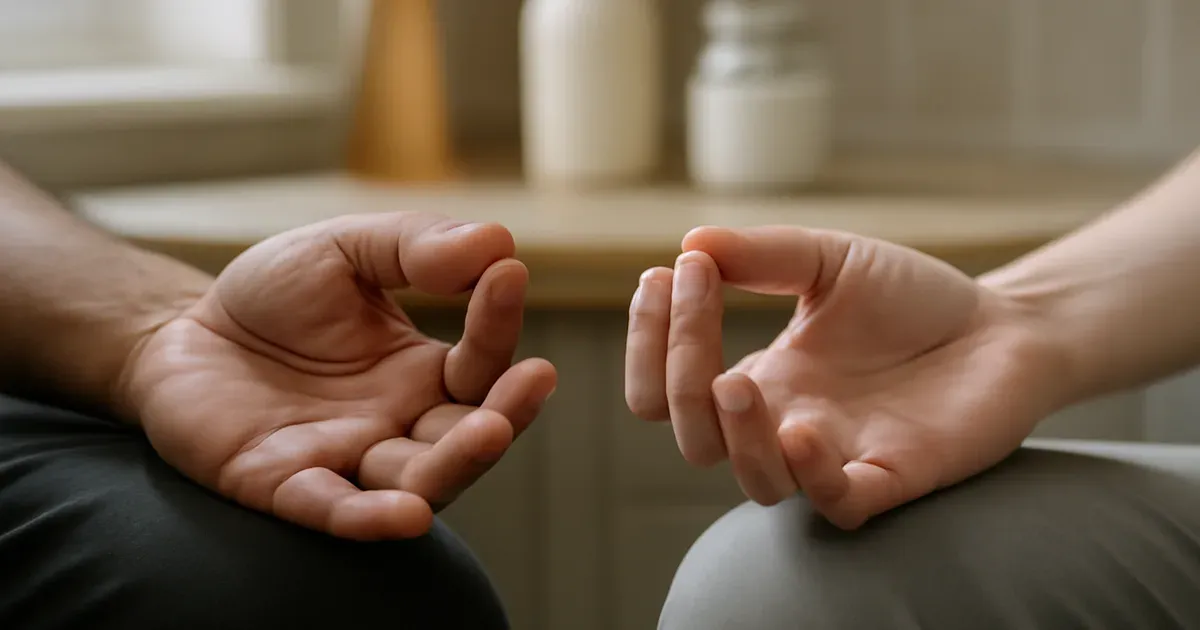 Hands resting in meditation posture with gut-friendly fermented foods in the background, representing the gut-brain connection
