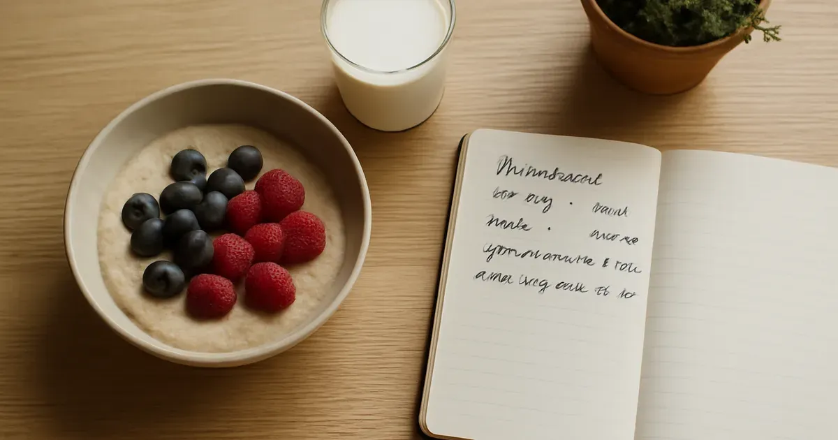 British gut-health morning routine flat lay with porridge, kefir, and a breathwork schedule notebook