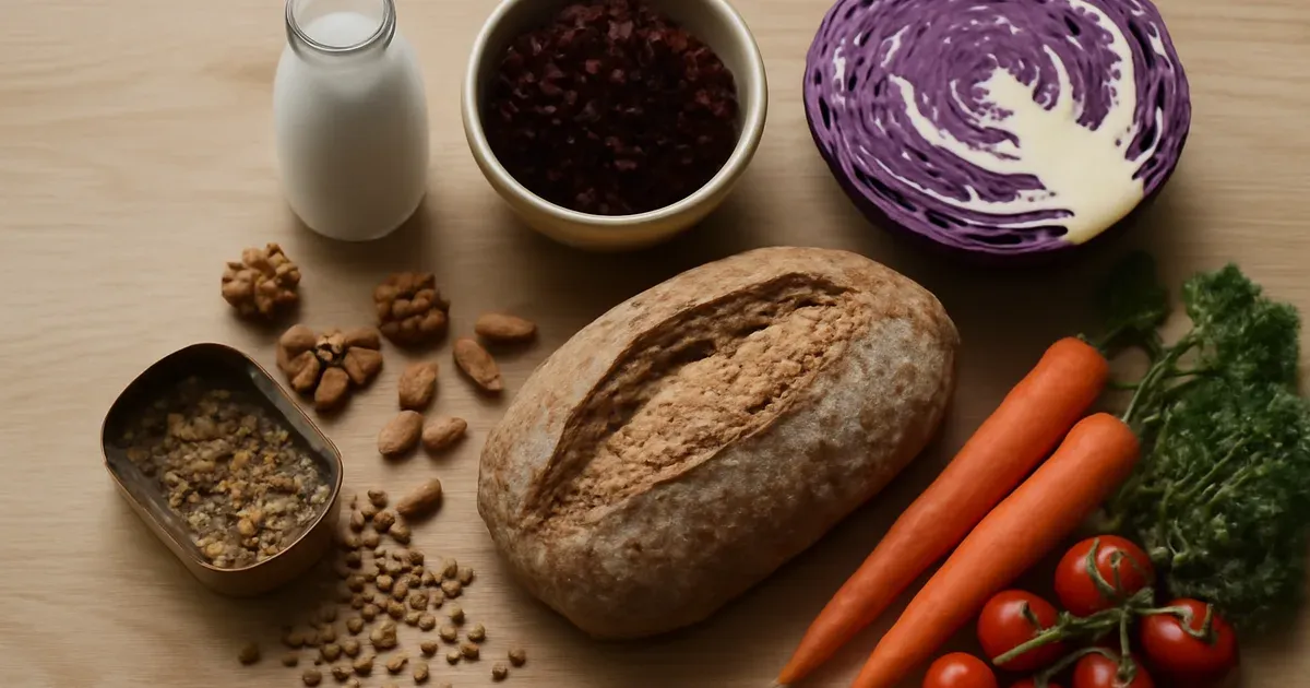 Gut-healthy foods including kefir, fermented vegetables, legumes and wholegrains for improving the UK microbiome
