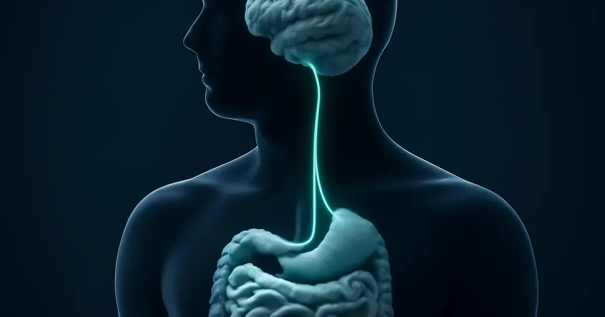 Illustration of the gut-brain connection showing vagus nerve pathway and microbiome influence on brain health