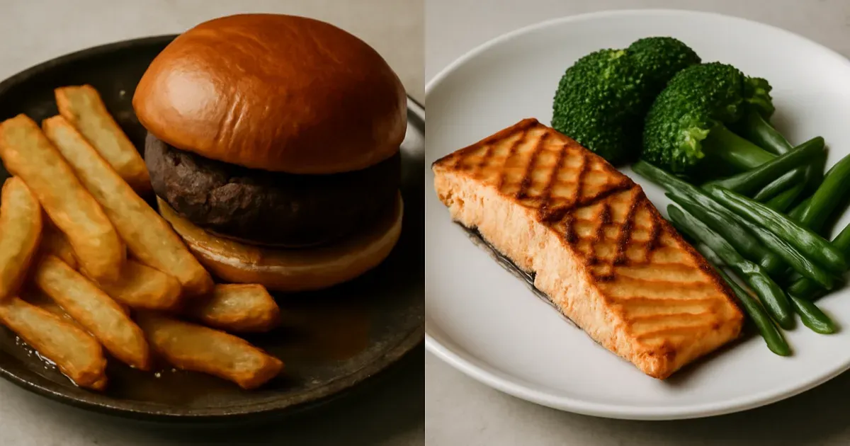 Fried chips and burger versus grilled salmon and vegetables — gut health UK diet comparison