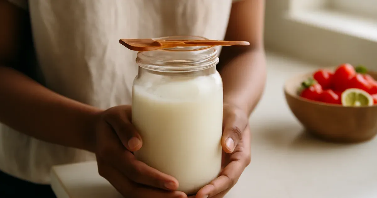 Person holding jar of live yoghurt — a natural source of probiotics to support microbiome UK