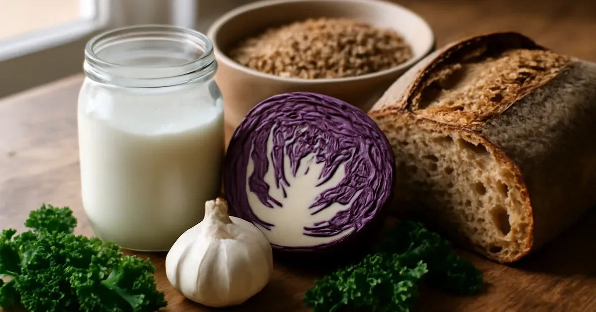 Colourful gut-health foods including kefir, vegetables, wholegrains and legumes to support the microbiome UK