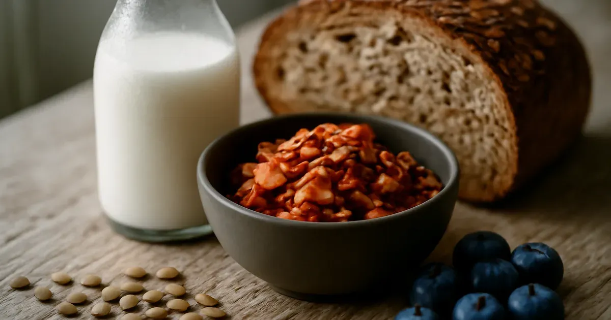 Fermented and fibre-rich foods including kefir, kimchi, lentils and blueberries that support microbiome UK gut health