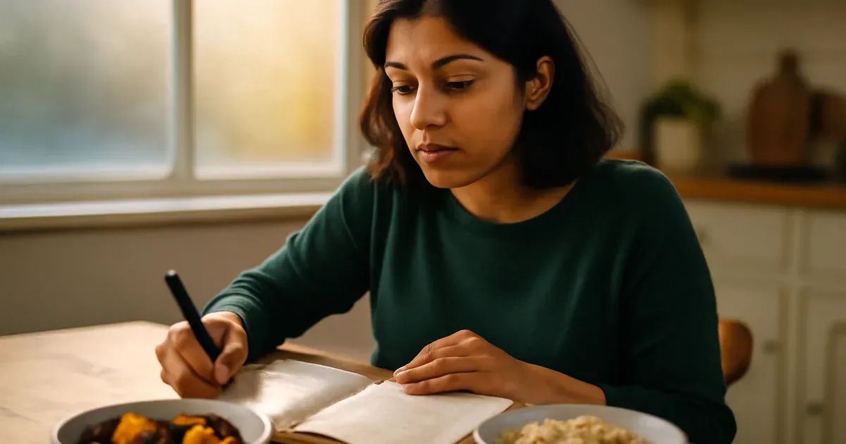 UK adult reviewing diet and gut health journal with vegetables on table, supporting gut-brain connection