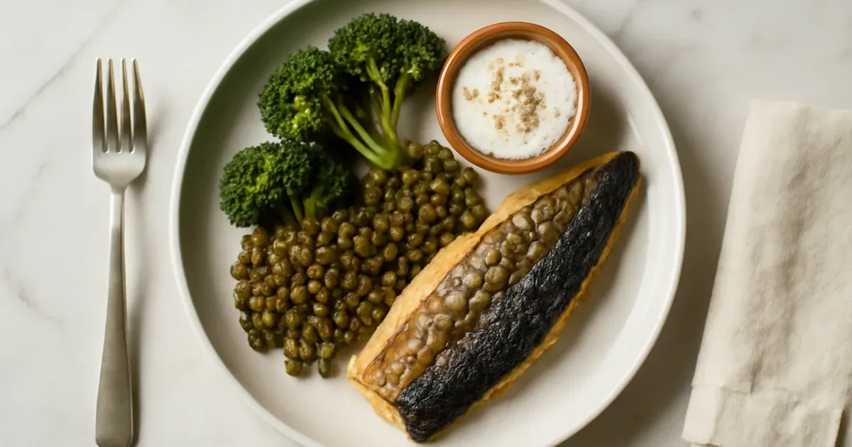 Balanced gut-health meal with mackerel, broccoli, lentils and live yoghurt supporting the gut-brain axis UK diet