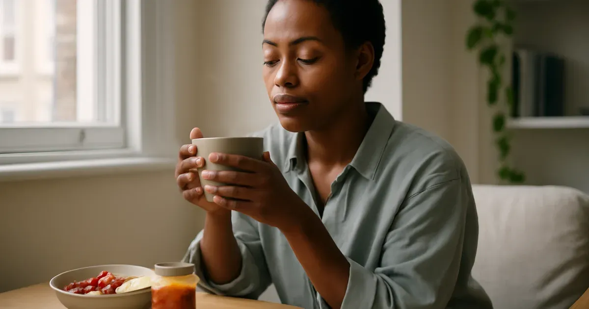 Person relaxing with herbal tea and gut-healthy foods, illustrating the gut-brain connection and mental wellbeing