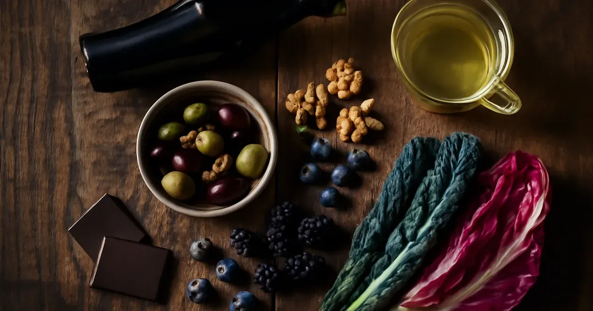 Mediterranean diet foods including olive oil, berries, nuts, and dark chocolate rich in polyphenols for gut health UK