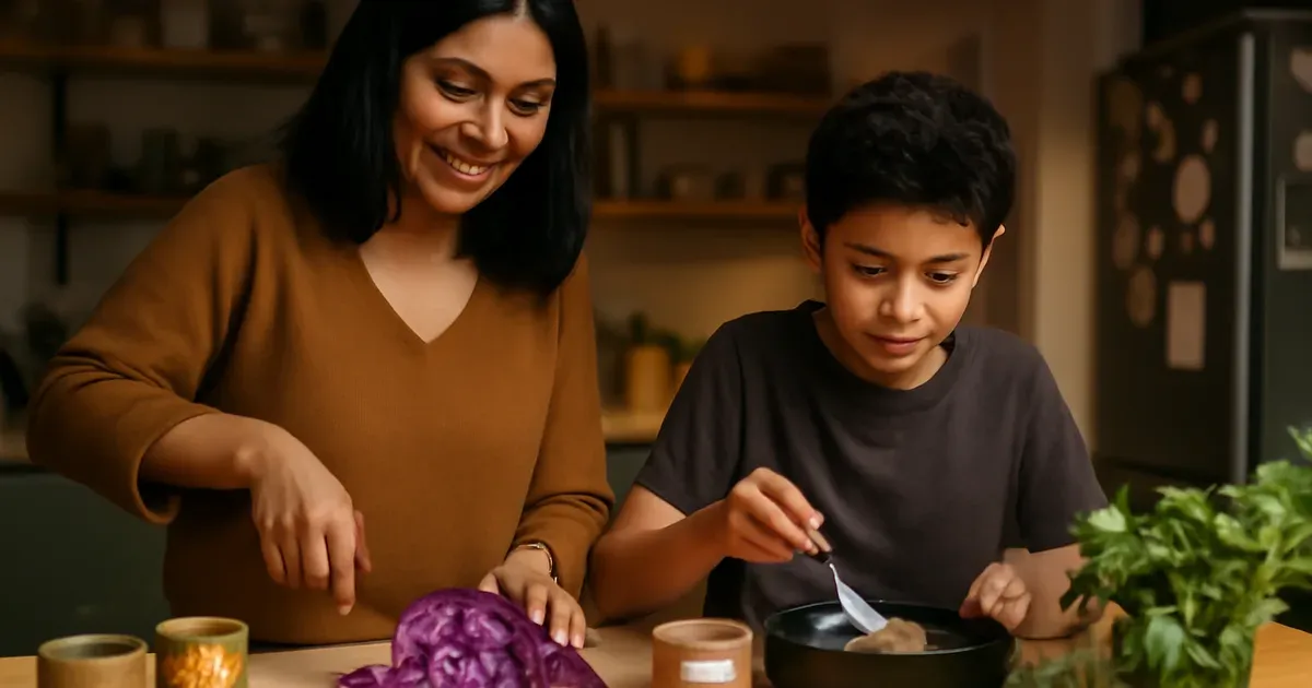 Person preparing a diverse plant-rich meal in a UK kitchen to achieve 30 plant foods a week for gut health