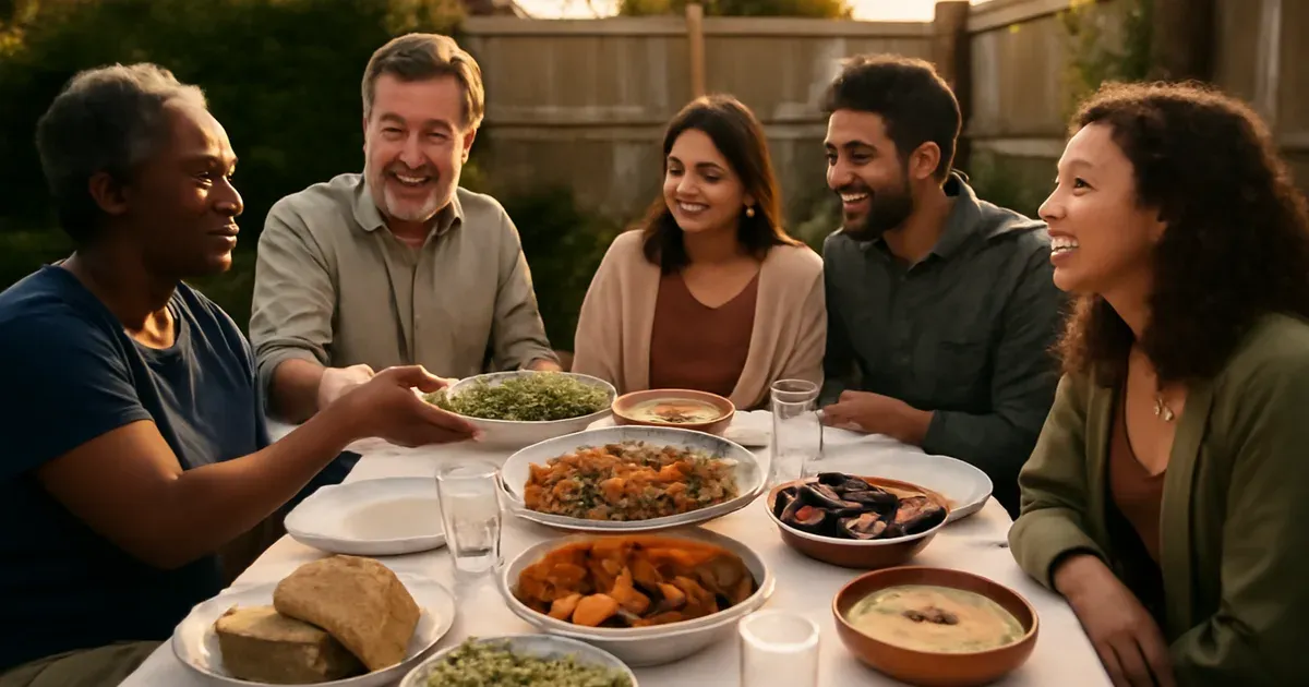 Diverse UK adults sharing a colourful plant-rich meal outdoors representing gut health and community wellbeing