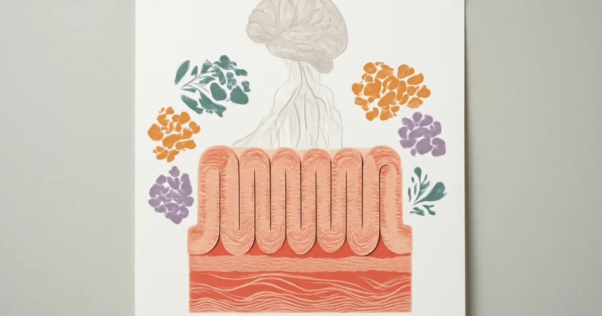 Illustration of the gut-brain connection showing bacteria in the gut communicating with the brain via neural pathways