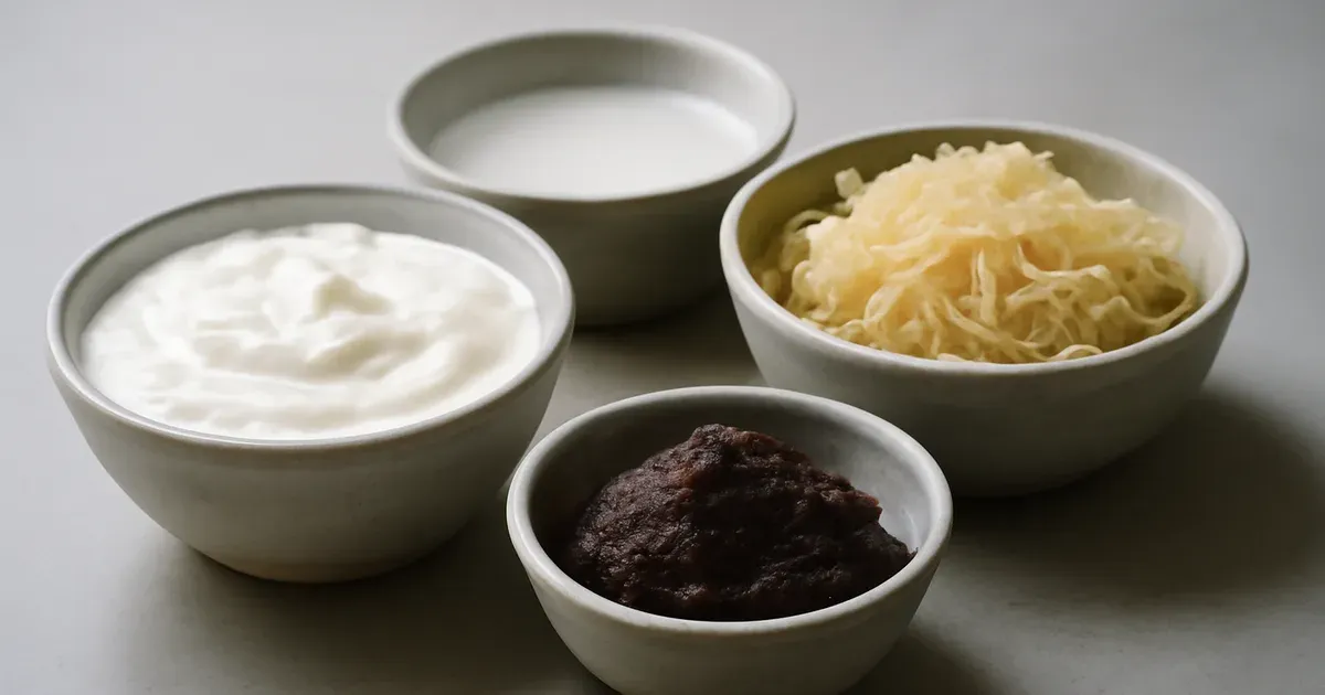Fermented foods including kefir, live yoghurt and sauerkraut shown as natural ways to improve gut health UK