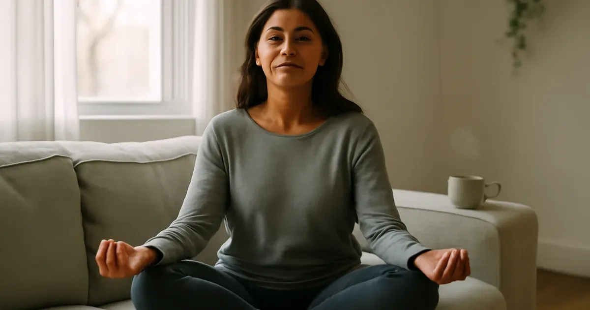 Woman practising stress-reduction breathing at home to support the gut-brain connection and improve gut health naturally