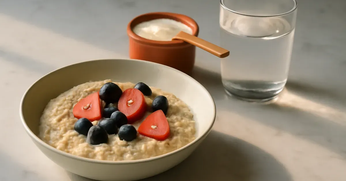 Glass of water, oats with berries and live yoghurt — simple gut health UK breakfast to improve digestion naturally