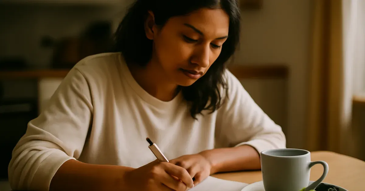 Woman writing a food diary at a kitchen table with herbal tea — a BDA-recommended tool for managing gut health UK symptoms