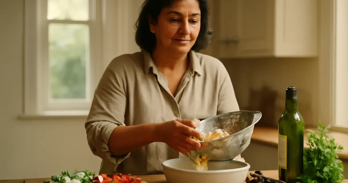 Woman preparing a Mediterranean diet meal rich in polyphenols and fibre to improve gut health naturally in the UK