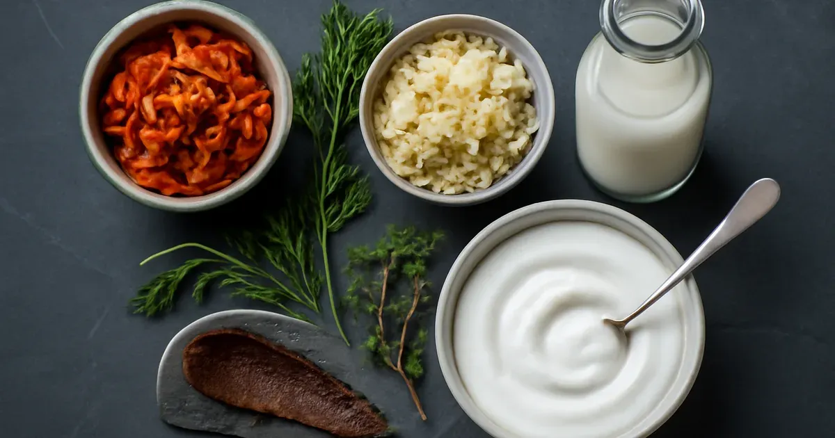 Selection of fermented foods including kimchi, kefir and live yogurt to support gut microbiome diversity and gut health UK