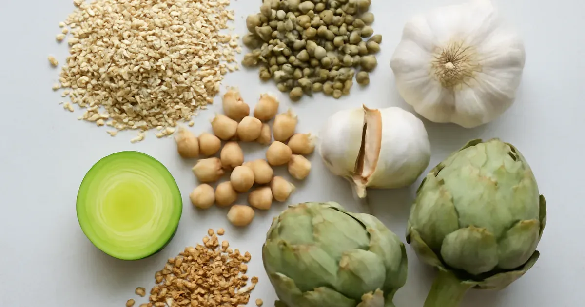 Overhead flat lay of prebiotic fibre-rich foods including oats lentils garlic and artichokes to feed gut microbiome UK