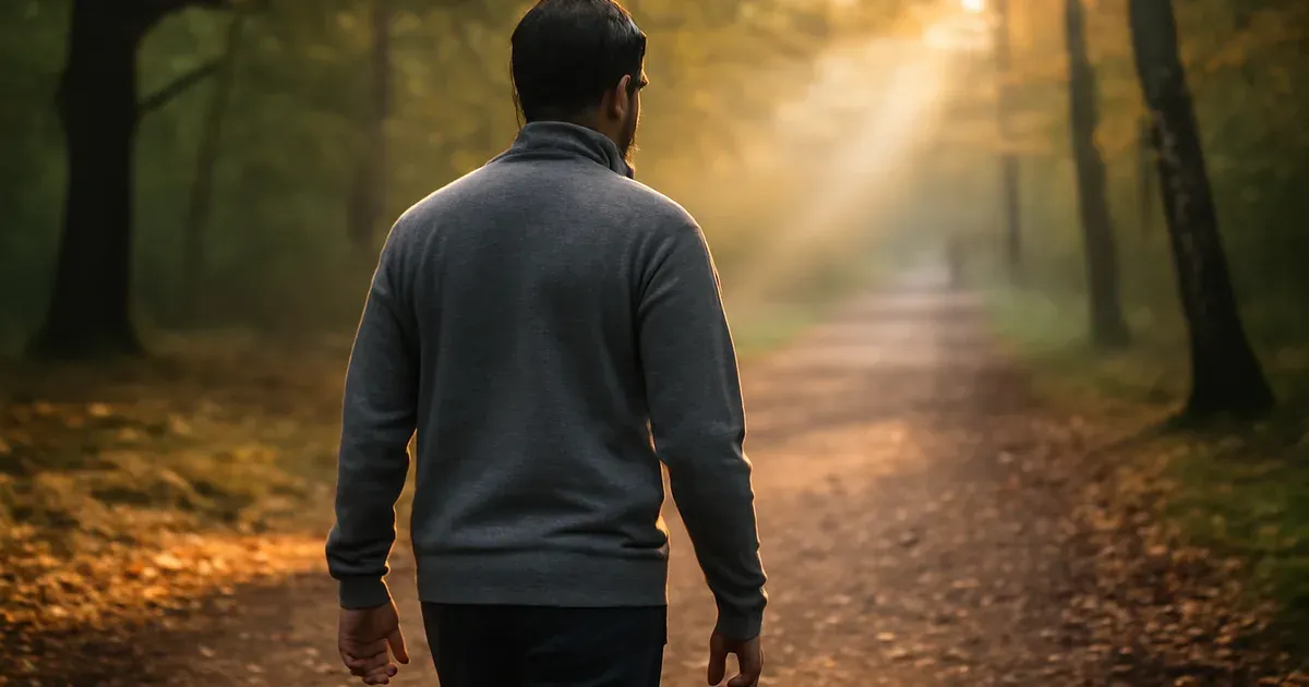 Person walking in green UK parkland to reduce stress and support gut-brain connection and microbiome health
