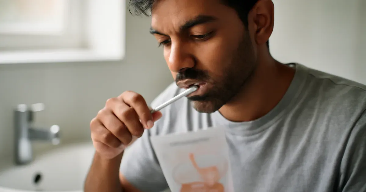 Person brushing teeth in UK bathroom representing the oral-gut microbiome axis and gut health UK
