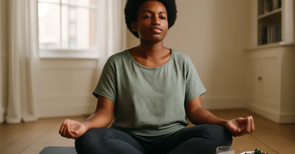 UK woman meditating with fermented foods nearby representing gut-brain connection and gut health UK