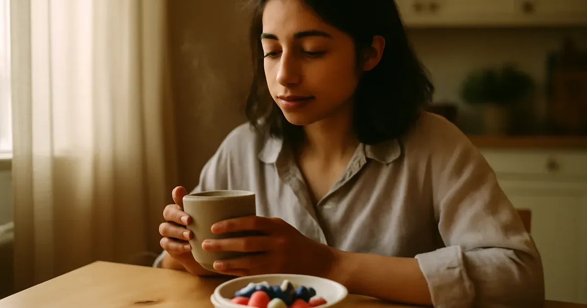 Person eating live yoghurt and drinking herbal tea to support gut-brain connection and digestive health