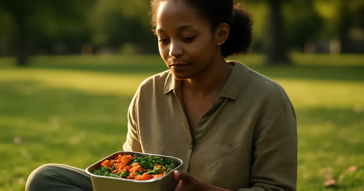 Person eating a healthy colourful meal outdoors representing the gut-brain connection and mental wellbeing