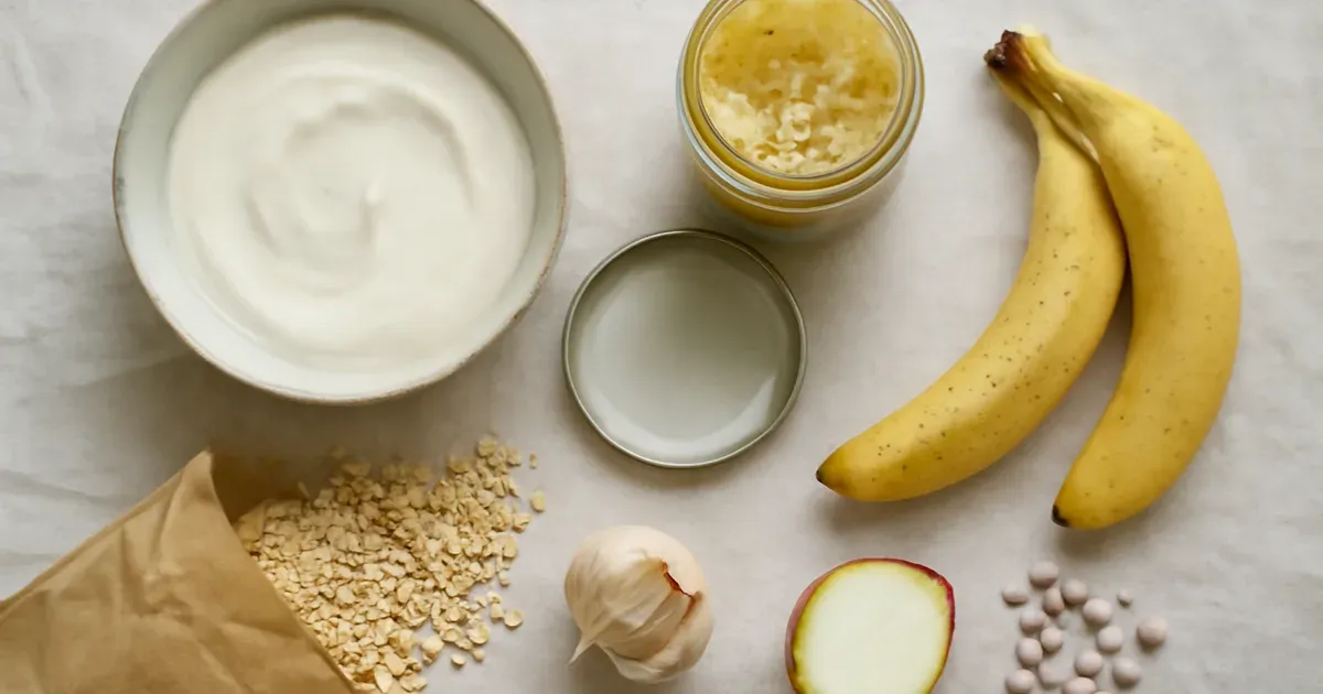 Overhead view of fermented and prebiotic foods including yoghurt, sauerkraut, oats and legumes to improve gut health naturally