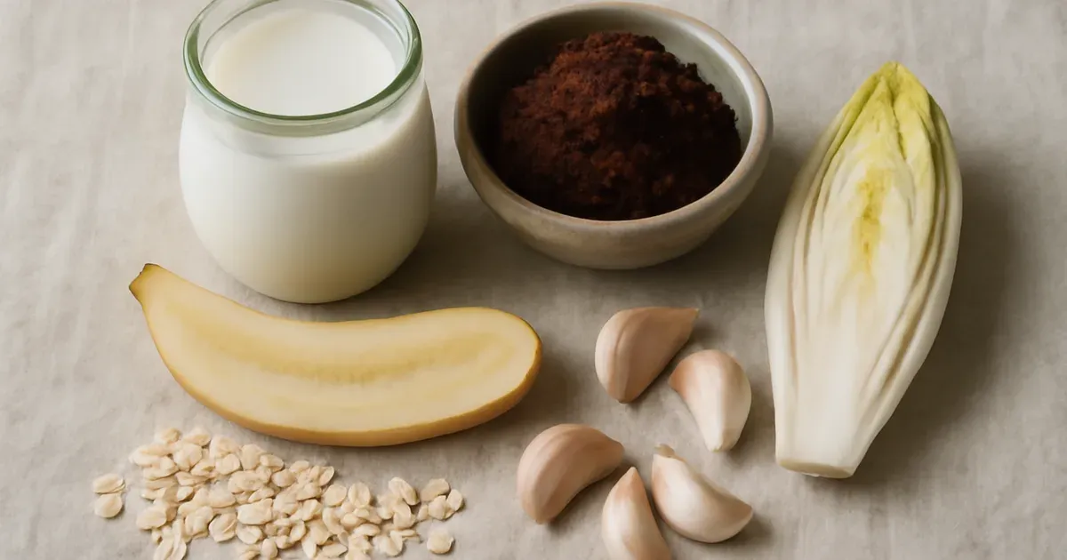 Prebiotic and probiotic foods including kefir, miso, banana, garlic and oats supporting gut microbiome UK