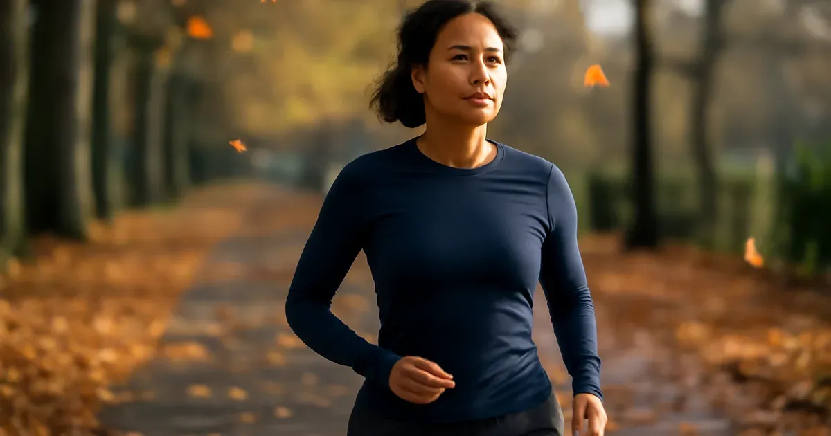 Woman walking in a UK park supporting gut health naturally through regular physical activity and stress management