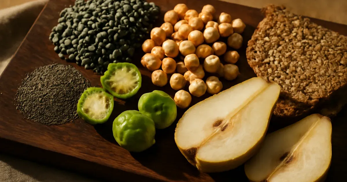 High-fibre foods including lentils, chia seeds and Brussels sprouts that support gut microbiome and natural GLP-1 production in the UK