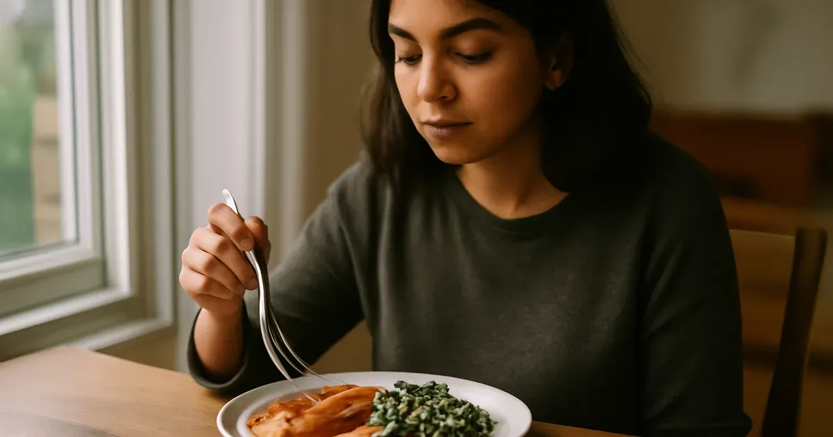 Person eating slowly and mindfully to support GLP-1 release and improve gut health naturally