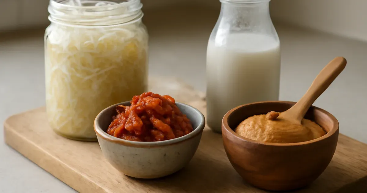 Fermented foods including kefir, sauerkraut, kimchi and miso to support gut microbiome health in the UK