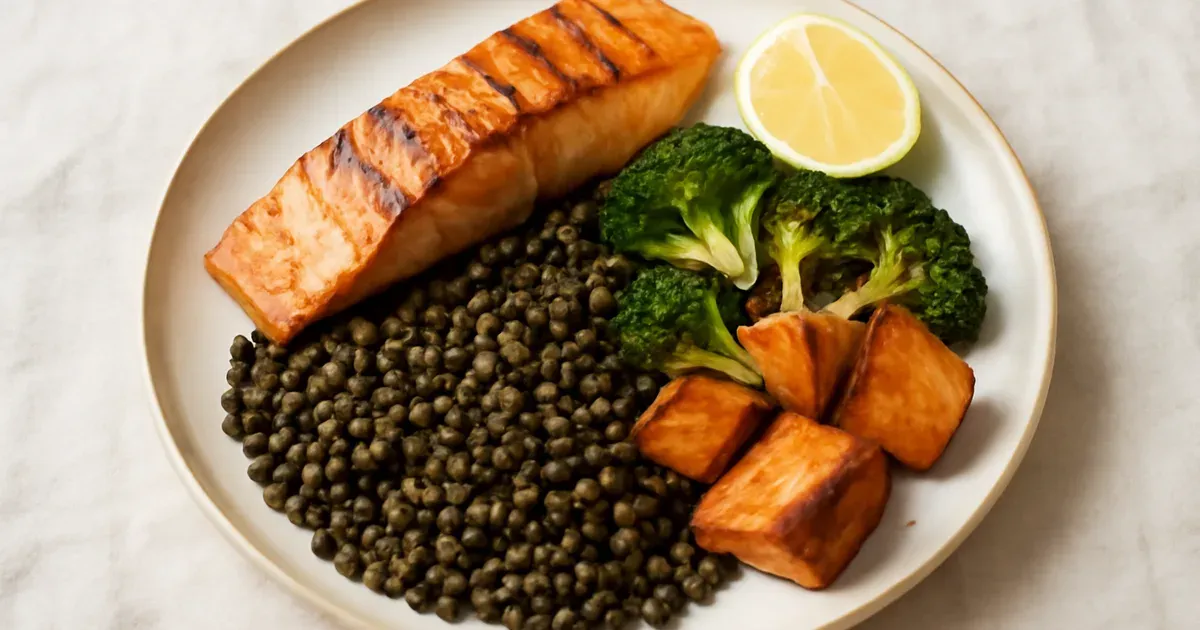 Balanced meal with salmon, lentils, broccoli and sweet potato to naturally stimulate GLP-1 and support gut health in the UK