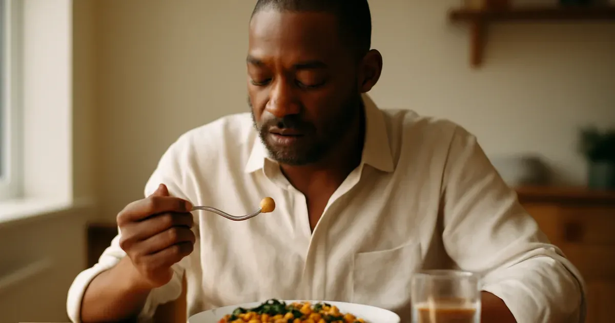 Person eating slowly and mindfully at a dining table to support gut-brain connection and natural GLP-1 signalling