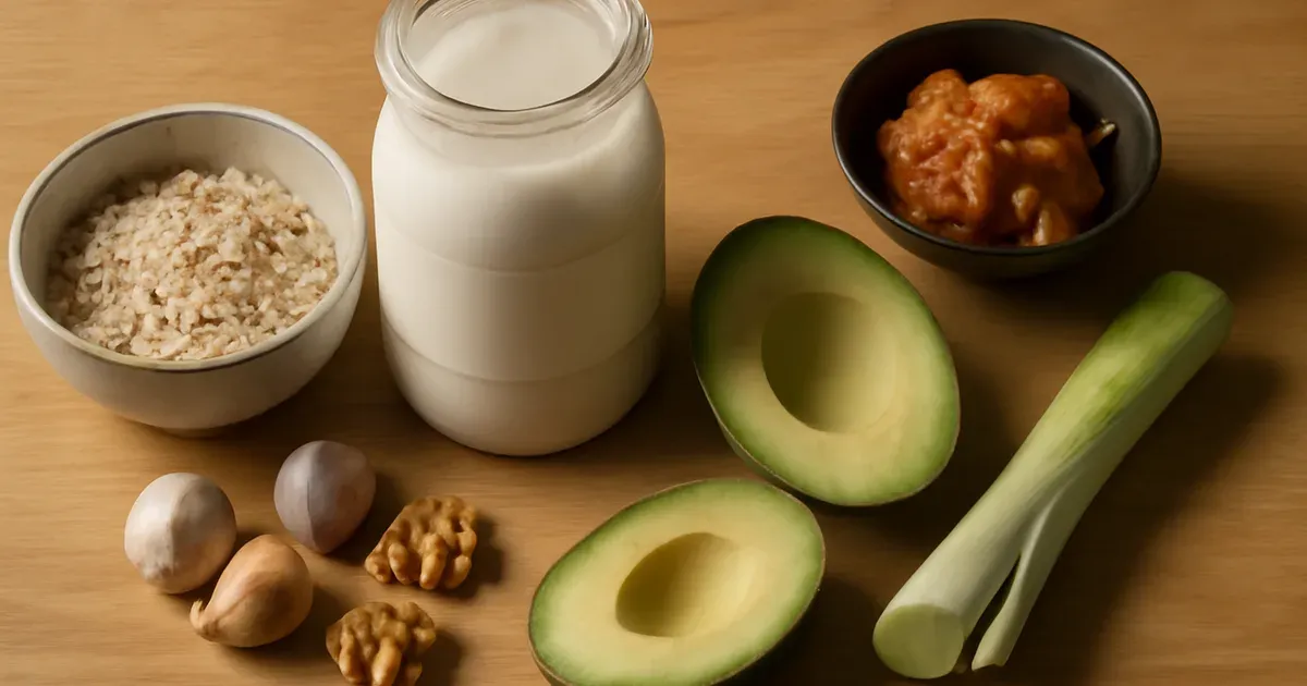 Gut-health foods including kefir, oats, avocado and kimchi for microbiome UK diet guidance