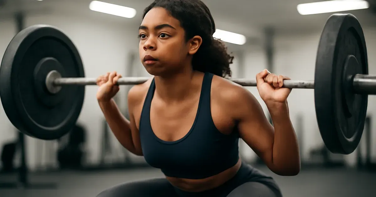 Woman performing compound squat in UK gym as part of ectomorph training programme for gut health and muscle